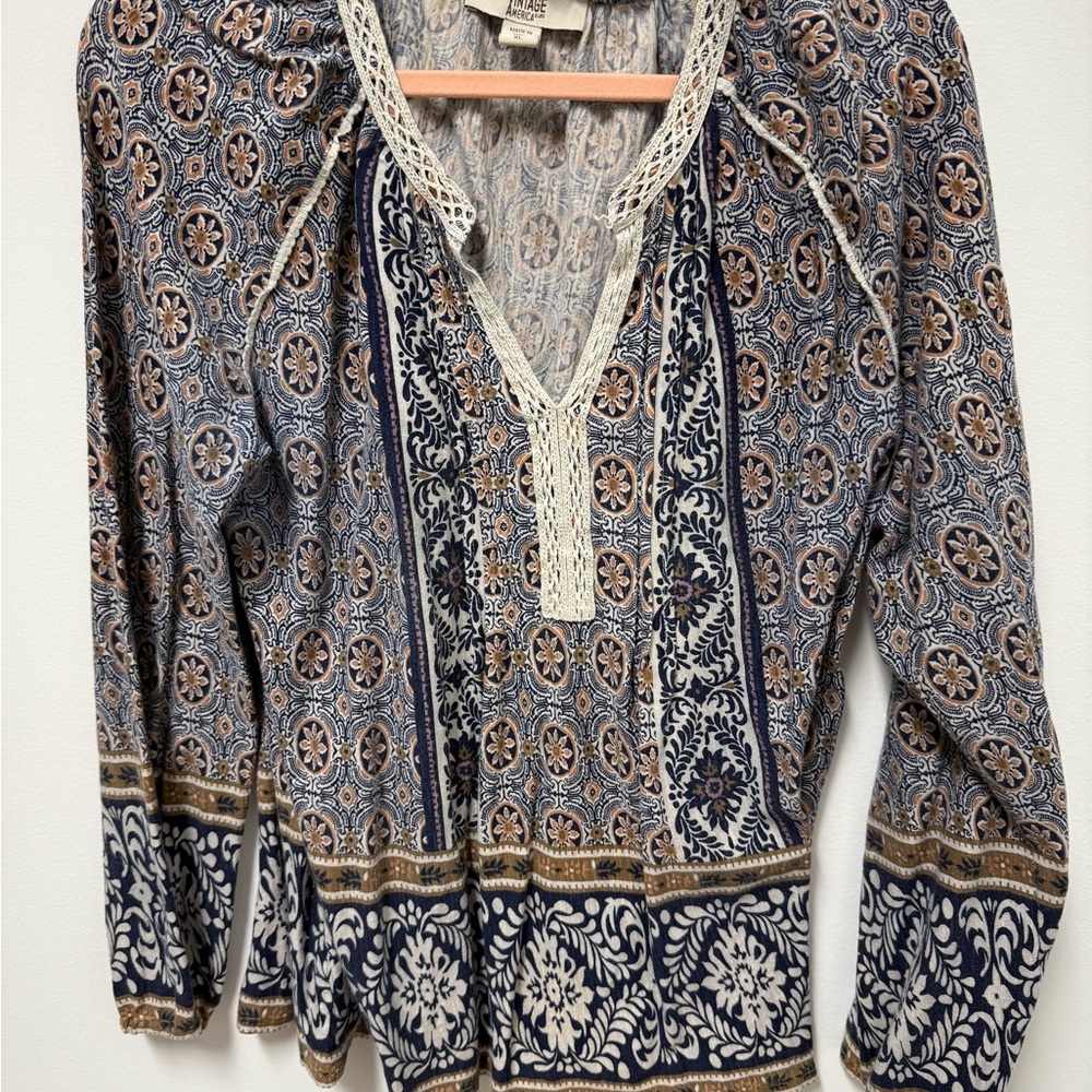 Vintage America Blue and Brown Floral Blouse